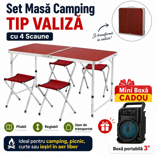 Set Masa Camping cu 4 Scaune – Pliabil, Reglabil, Usor de Transportat + Mini Boxa Cadou