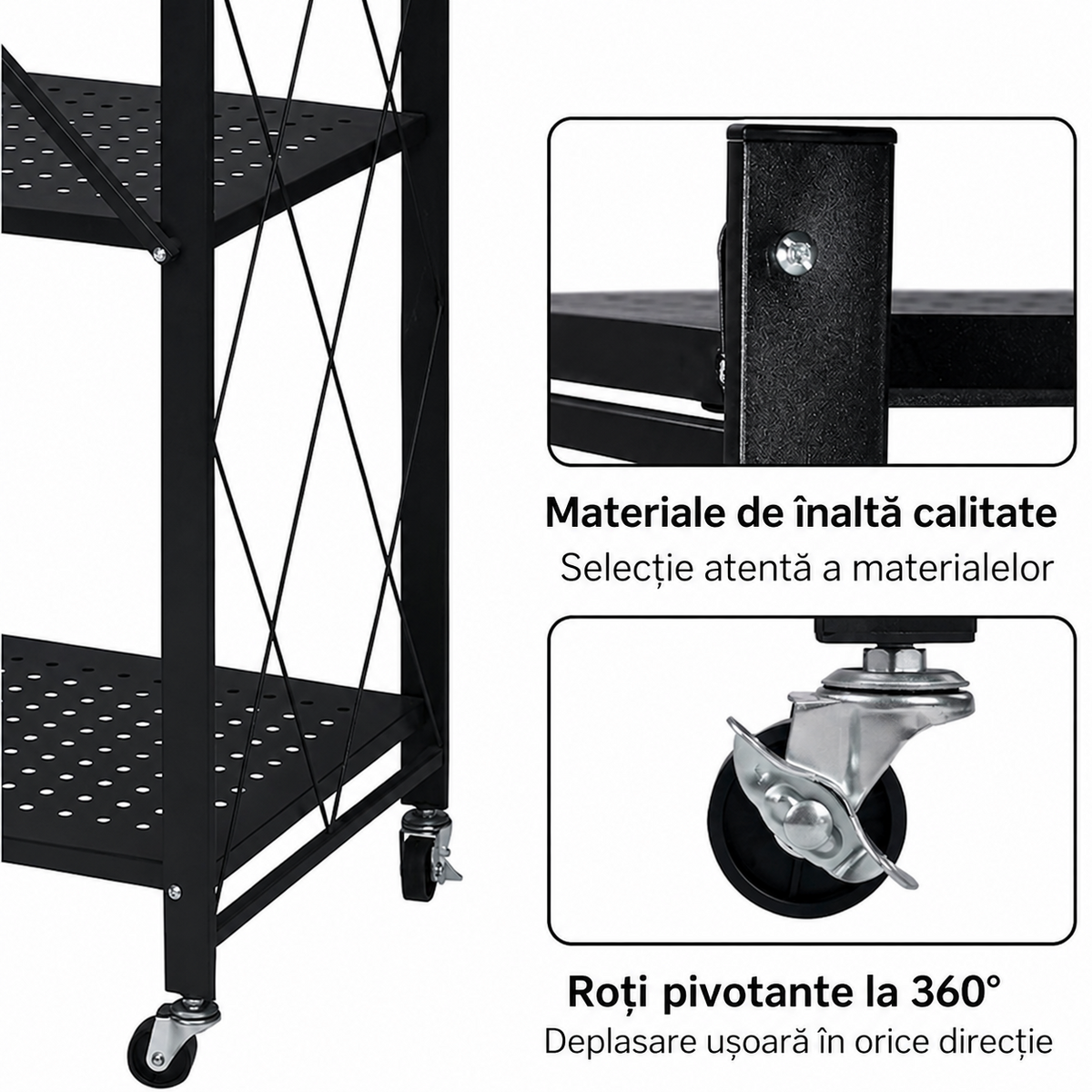 Raft Metalic Pliabil cu 5 Polite, Roti, 163x72x34 cm, Capacitate 50 kg pe Polita