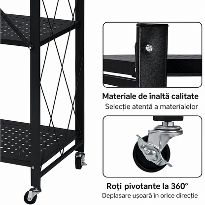 Raft Metalic Pliabil cu 5 Polite, Roti, 163x72x34 cm, Capacitate 50 kg pe Polita