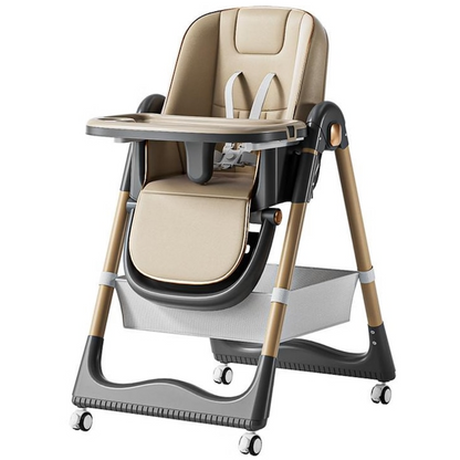 Scaun de Masa Pliabil 3 in 1 pentru Bebelusi, Reglabil, Roti cu Blocare, Centura 5 Puncte, Maro
