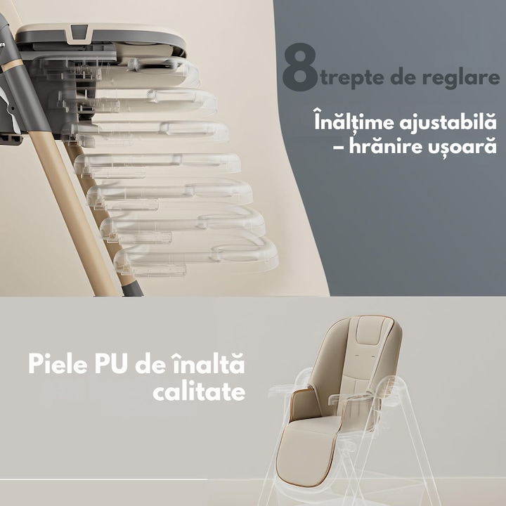 Scaun de Masa Pliabil 3 in 1 pentru Bebelusi, Reglabil, Roti cu Blocare, Centura 5 Puncte, Maro