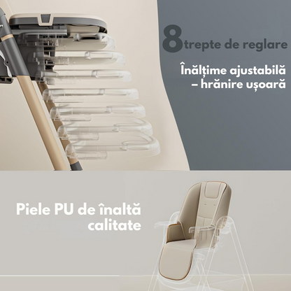 Scaun de Masa Pliabil 3 in 1 pentru Bebelusi, Reglabil, Roti cu Blocare, Centura 5 Puncte, Maro