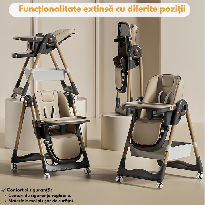 Scaun de Masa Pliabil 3 in 1 pentru Bebelusi, Reglabil, Roti cu Blocare, Centura 5 Puncte, Maro