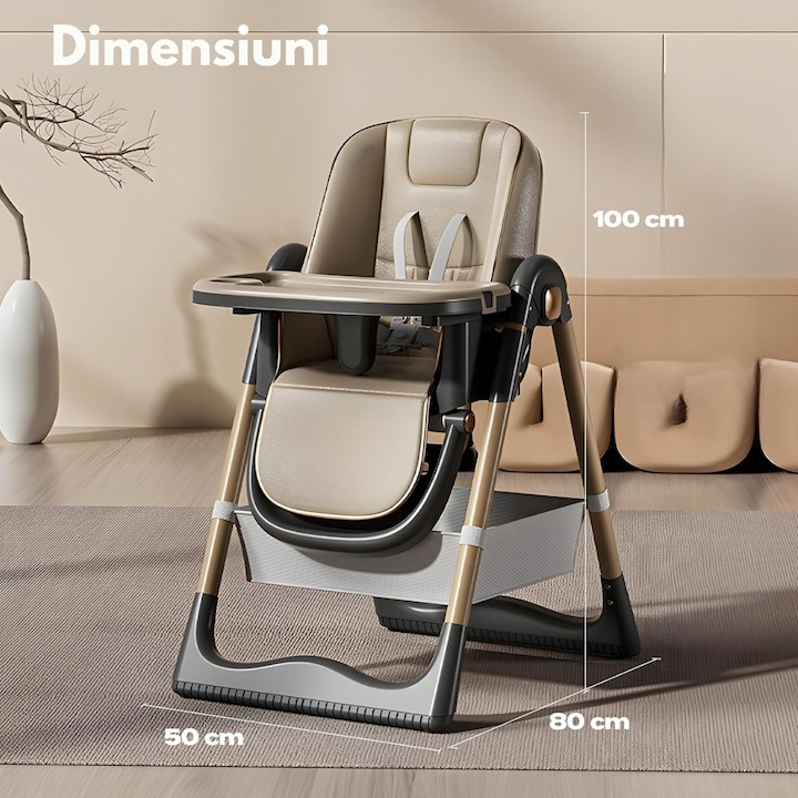 Scaun de Masa Pliabil 3 in 1 pentru Bebelusi, Reglabil, Roti cu Blocare, Centura 5 Puncte, Maro