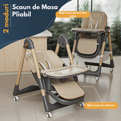 Scaun de Masa Pliabil 3 in 1 pentru Bebelusi, Reglabil, Roti cu Blocare, Centura 5 Puncte, Maro