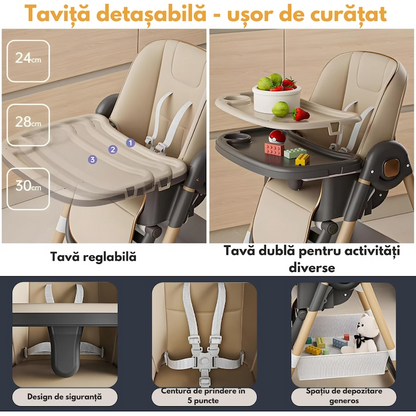 Scaun de Masa Pliabil 3 in 1 pentru Bebelusi, Reglabil, Roti cu Blocare, Centura 5 Puncte, Maro