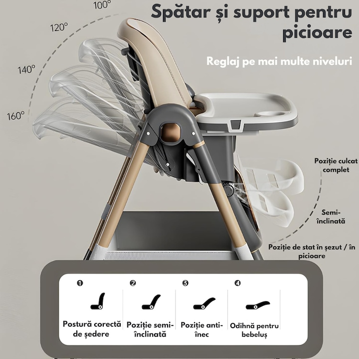 Scaun de Masa Pliabil 3 in 1 pentru Bebelusi, Reglabil, Roti cu Blocare, Centura 5 Puncte, Maro