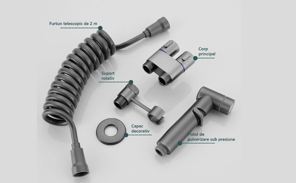 Set Dus Igienic pentru Toaleta, Furtun, Supapa Dubla 1 in 2, Presiune Reglabila, Gri