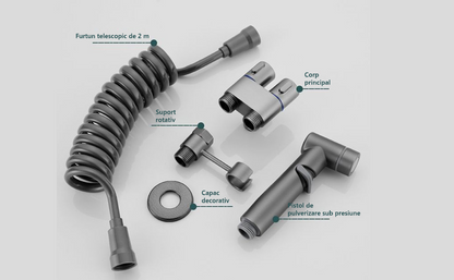 Set Dus Igienic pentru Toaleta, Furtun, Supapa Dubla 1 in 2, Presiune Reglabila, Gri