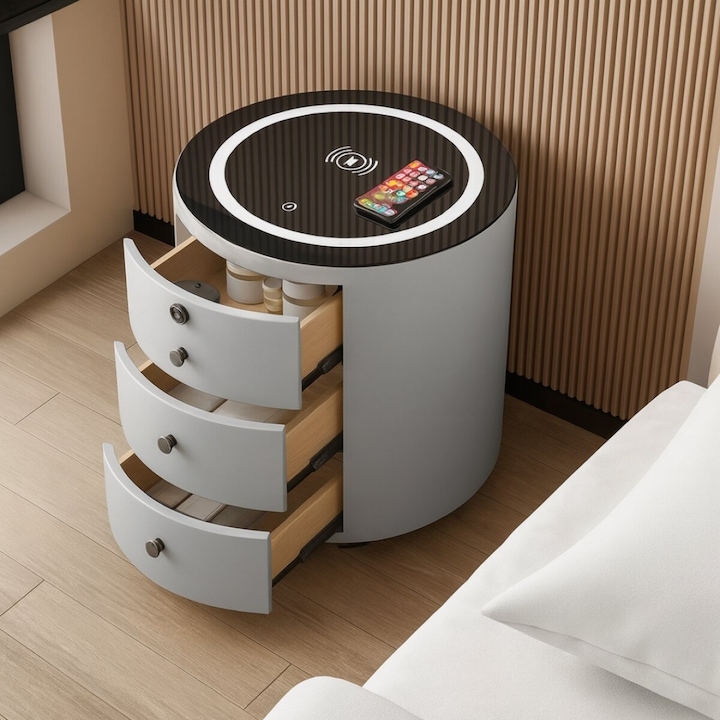 Noptiera Moderna Inteligenta, Incarcare Wireless, LED RGB, Amprenta, USB Type-C, Alba