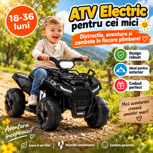 ATV Electric pentru Copii 6V, Baterie Reincarcabila, 18-36 Luni, Negru