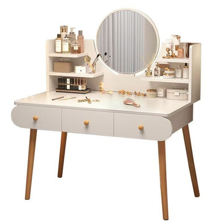 Masa Toaleta cu Oglinda LED Tactila, 3 Lumini, Rafturi si Sertare, MDF Lemn, Alb, 100x120x40 cm
