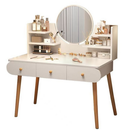 Masa Toaleta cu Oglinda LED Tactila, 3 Lumini, Rafturi si Sertare, MDF Lemn, Alb, 100x120x40 cm
