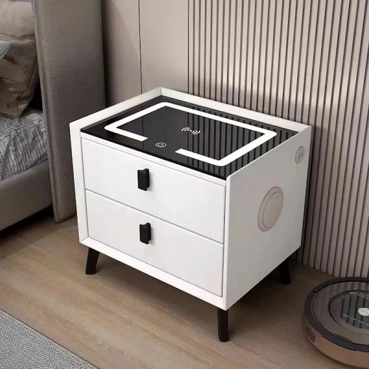 Noptiera Smart Multifunctionala 45x40x60 cm, LED Tactil, Incarcare Wireless, USB-C si Bluetooth