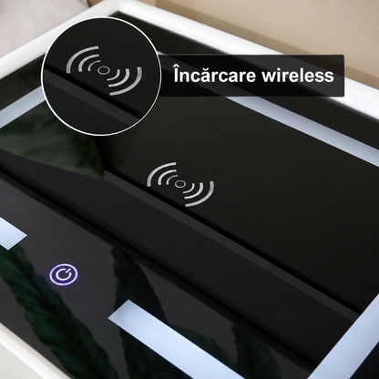 Noptiera Smart Multifunctionala 45x40x60 cm, LED Tactil, Incarcare Wireless, USB-C si Bluetooth