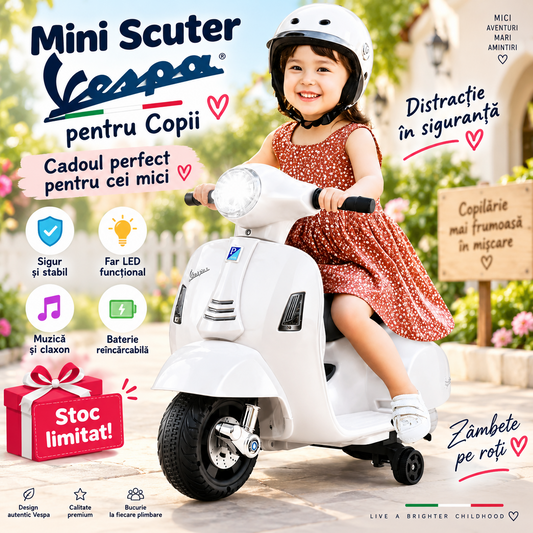 Scuter Electric Tip Vespa Alb – Cadoul WOW care Aduce Zambete din Prima Zi