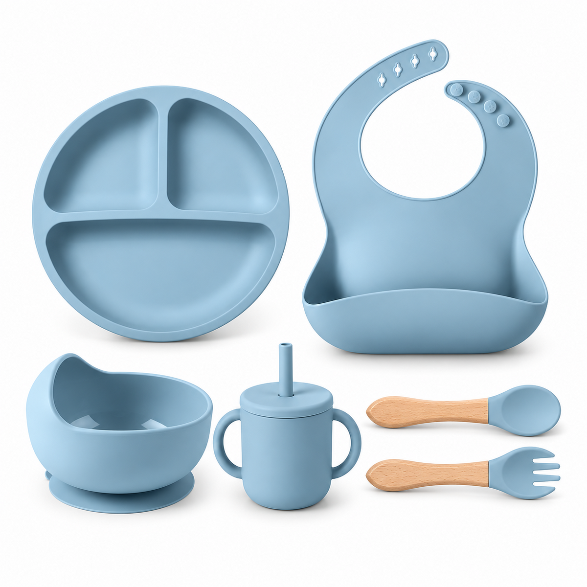 Set Silicon Bebelusi 6 Piese, Farfurie, Bol, Baveta, Tacamuri Lemn, Cana cu Pai, BPA Free