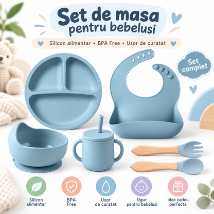 Set Silicon Bebelusi 6 Piese, Farfurie, Bol, Baveta, Tacamuri Lemn, Cana cu Pai, BPA Free