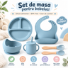 Set Silicon Bebelusi 6 Piese, Farfurie, Bol, Baveta, Tacamuri Lemn, Cana cu Pai, BPA Free