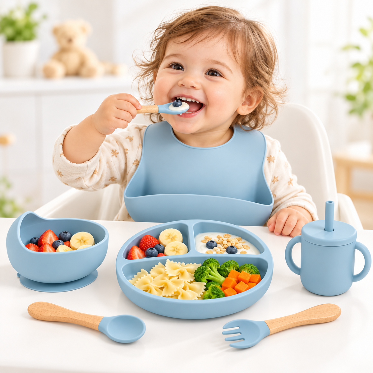 Set Silicon Bebelusi 6 Piese, Farfurie, Bol, Baveta, Tacamuri Lemn, Cana cu Pai, BPA Free