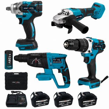 Trusa Scule Electrice 4 in 1, 3 Acumulatori 128V, Flex, Bormasina, Rotopercutor, Impact, Lanterna