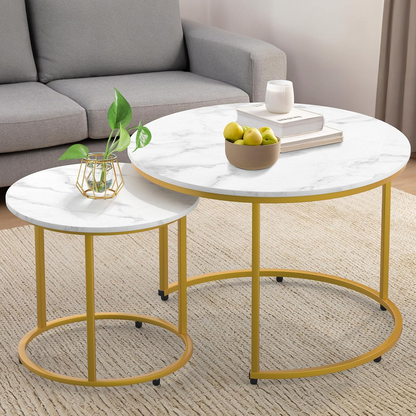 Set 2 Masute Rotunde Elegante – Blat Marmorat Alb si Cadru Auriu pentru Living Modern