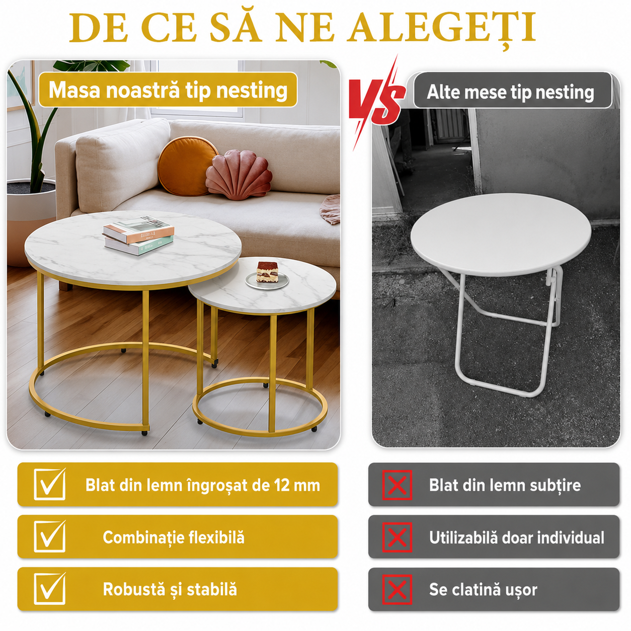 Set 2 Masute Rotunde Elegante – Blat Marmorat Alb si Cadru Auriu pentru Living Modern