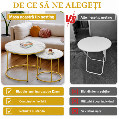 Set 2 Masute Rotunde Elegante – Blat Marmorat Alb si Cadru Auriu pentru Living Modern