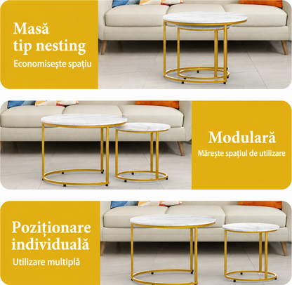 Set 2 Masute Rotunde Elegante – Blat Marmorat Alb si Cadru Auriu pentru Living Modern