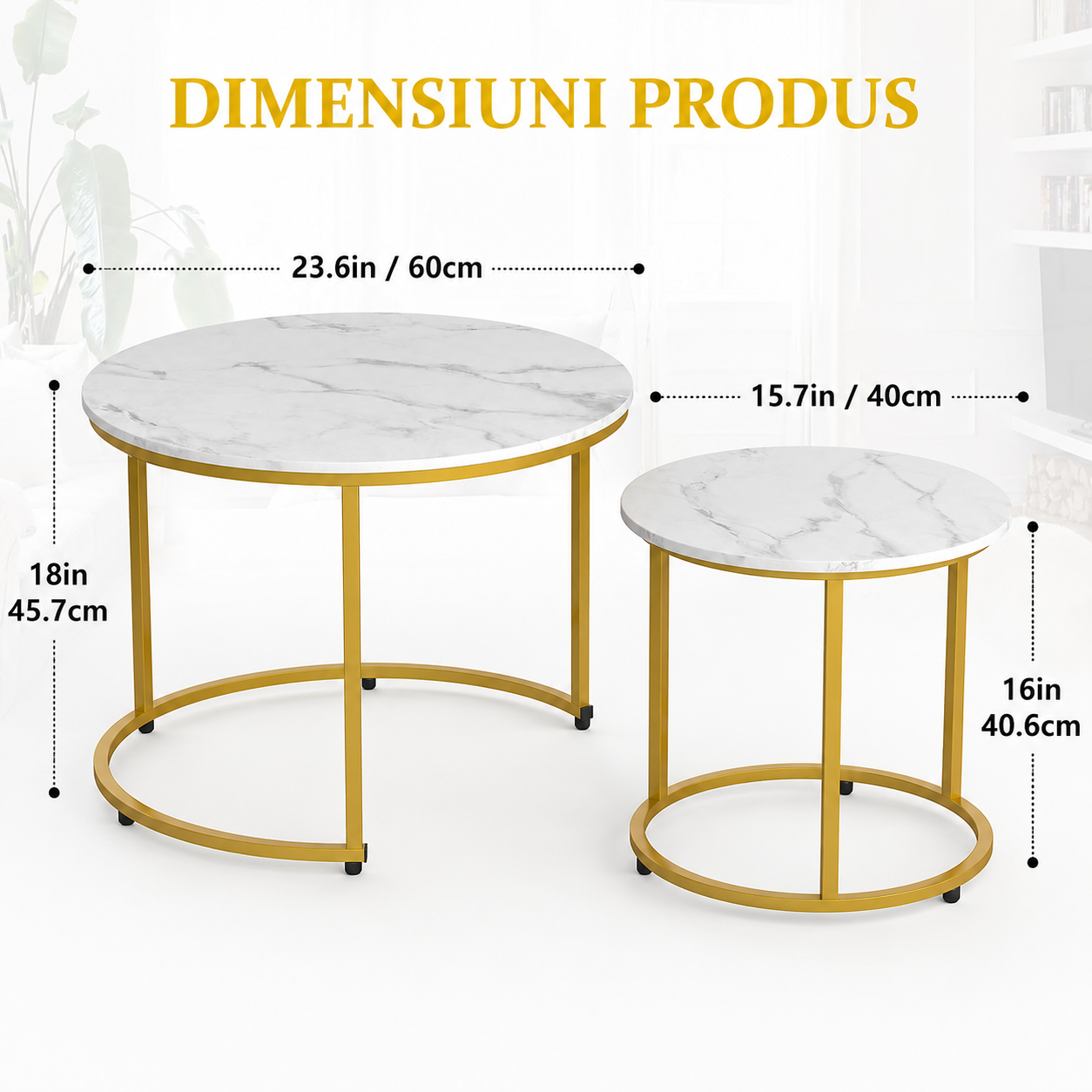 Set 2 Masute Rotunde Elegante – Blat Marmorat Alb si Cadru Auriu pentru Living Modern