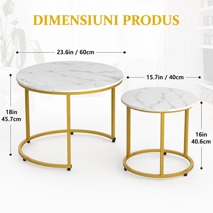 Set 2 Masute Rotunde Elegante – Blat Marmorat Alb si Cadru Auriu pentru Living Modern