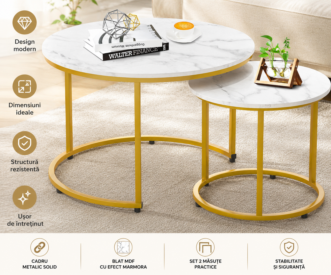 Set 2 Masute Rotunde Elegante – Blat Marmorat Alb si Cadru Auriu pentru Living Modern