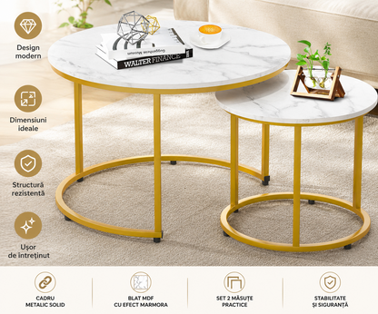 Set 2 Masute Rotunde Elegante – Blat Marmorat Alb si Cadru Auriu pentru Living Modern