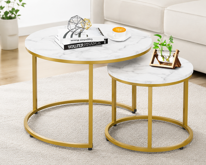 Set 2 Masute Rotunde Elegante – Blat Marmorat Alb si Cadru Auriu pentru Living Modern