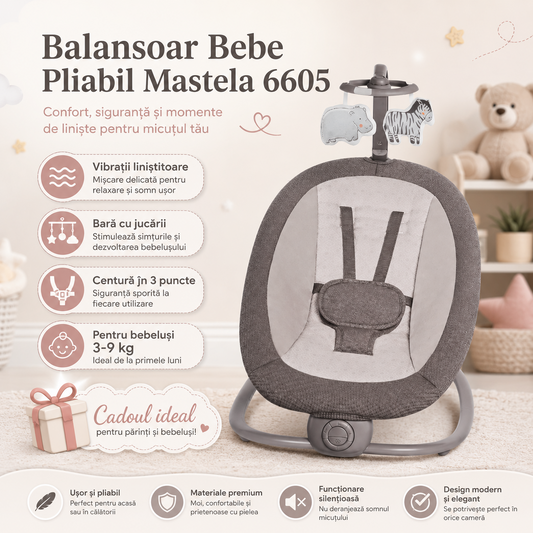 Balansoar Bebe Pliabil Mastela 6605, Vibratii, Bara cu Jucarii, Centura 3 Puncte, 3-9 kg - Cadoul Ideal - Gri