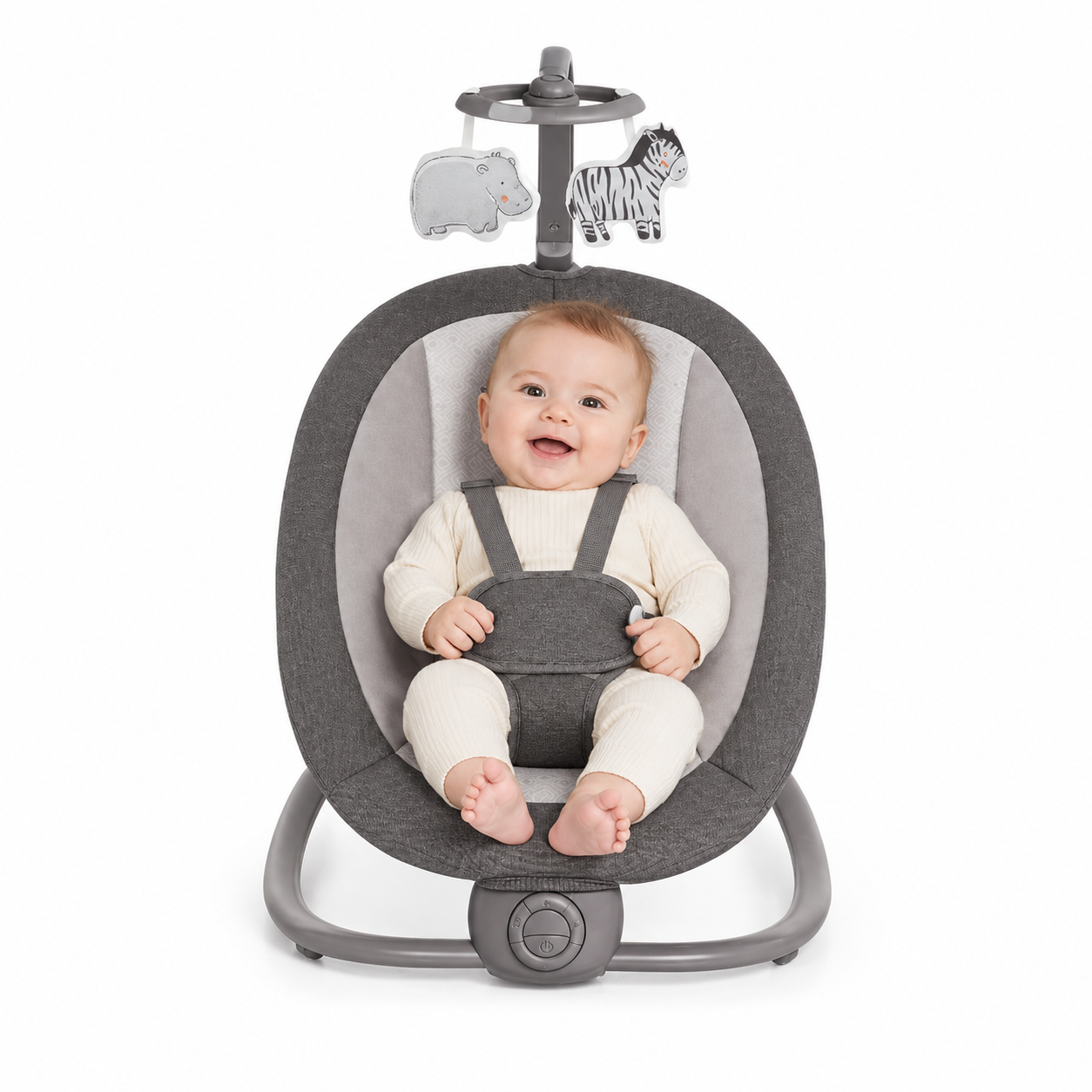 Balansoar Bebe Pliabil Mastela 6605, Vibratii, Bara cu Jucarii, Centura 3 Puncte, 3-9 kg - Cadoul Ideal - Gri