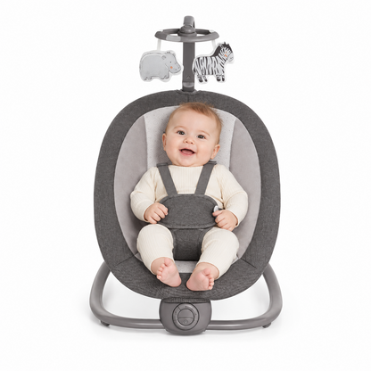 Balansoar Bebe Pliabil Mastela 6605, Vibratii, Bara cu Jucarii, Centura 3 Puncte, 3-9 kg - Cadoul Ideal - Gri