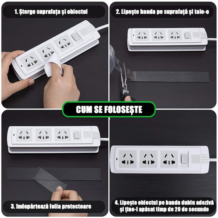 Banda Dublu Adeziva Transparenta Nano, Set 4 Bucati, 20mm x 1mm x 3m, Reutilizabila, 49 Lei