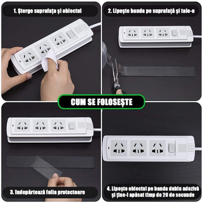 Banda Dublu Adeziva Transparenta Nano, Set 4 Bucati, 20mm x 1mm x 3m, Reutilizabila, 49 Lei