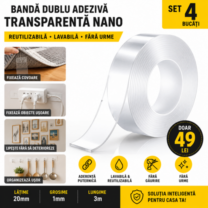 Banda Dublu Adeziva Transparenta Nano, Set 4 Bucati, 20mm x 1mm x 3m, Reutilizabila, 49 Lei