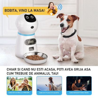 Hranitor Automat pentru Caini si Pisici, 3.5L, Programare 4 Mese, Mesaj Audio, Alb