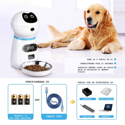 Hranitor Automat pentru Caini si Pisici, 3.5L, Programare 4 Mese, Mesaj Audio, Alb