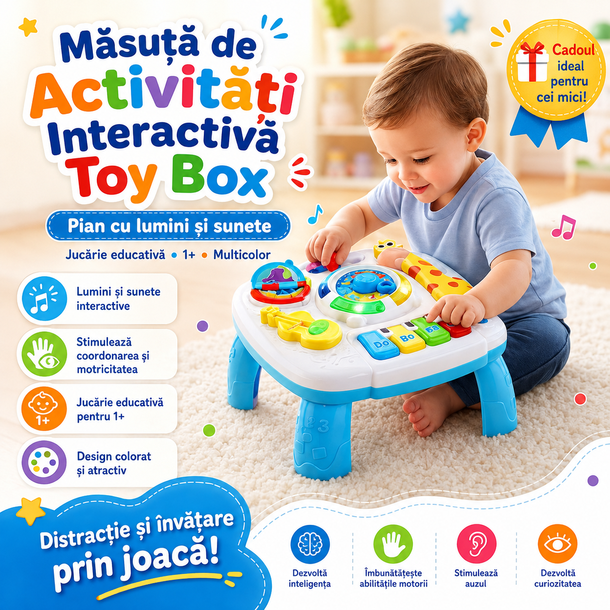 Masuta de Activitati Interactiva Toy Box, Pian cu Lumini si Sunete, Jucarie Educativa, 1+, Multicolor