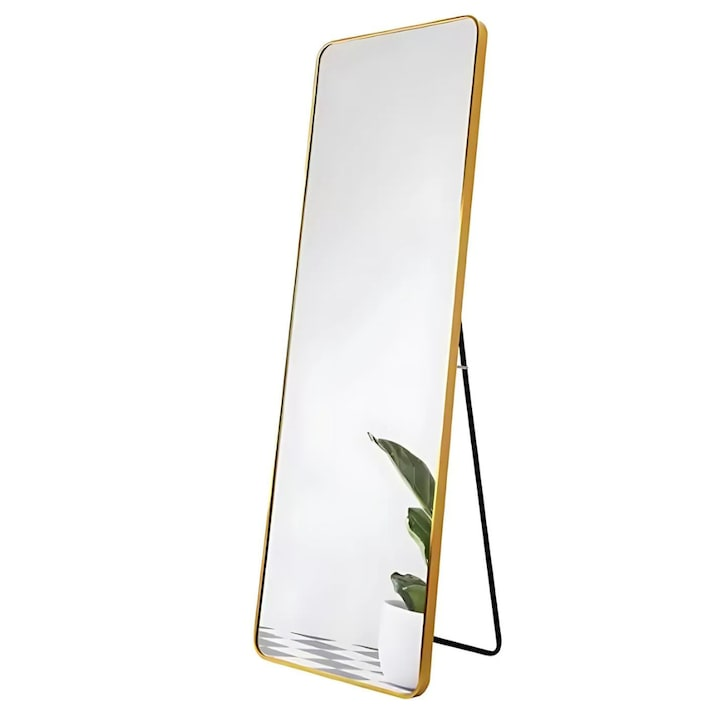 Oglinda cu Rama Metalica Gold, Colturi Rotunjite, 150x40 cm, Podea sau Perete