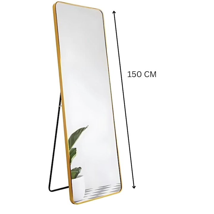 Oglinda cu Rama Metalica Gold, Colturi Rotunjite, 150x40 cm, Podea sau Perete