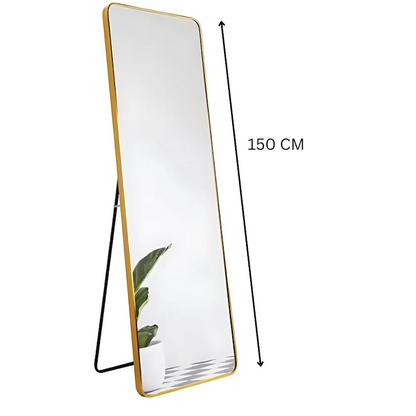 Oglinda cu Rama Metalica Gold, Colturi Rotunjite, 150x40 cm, Podea sau Perete