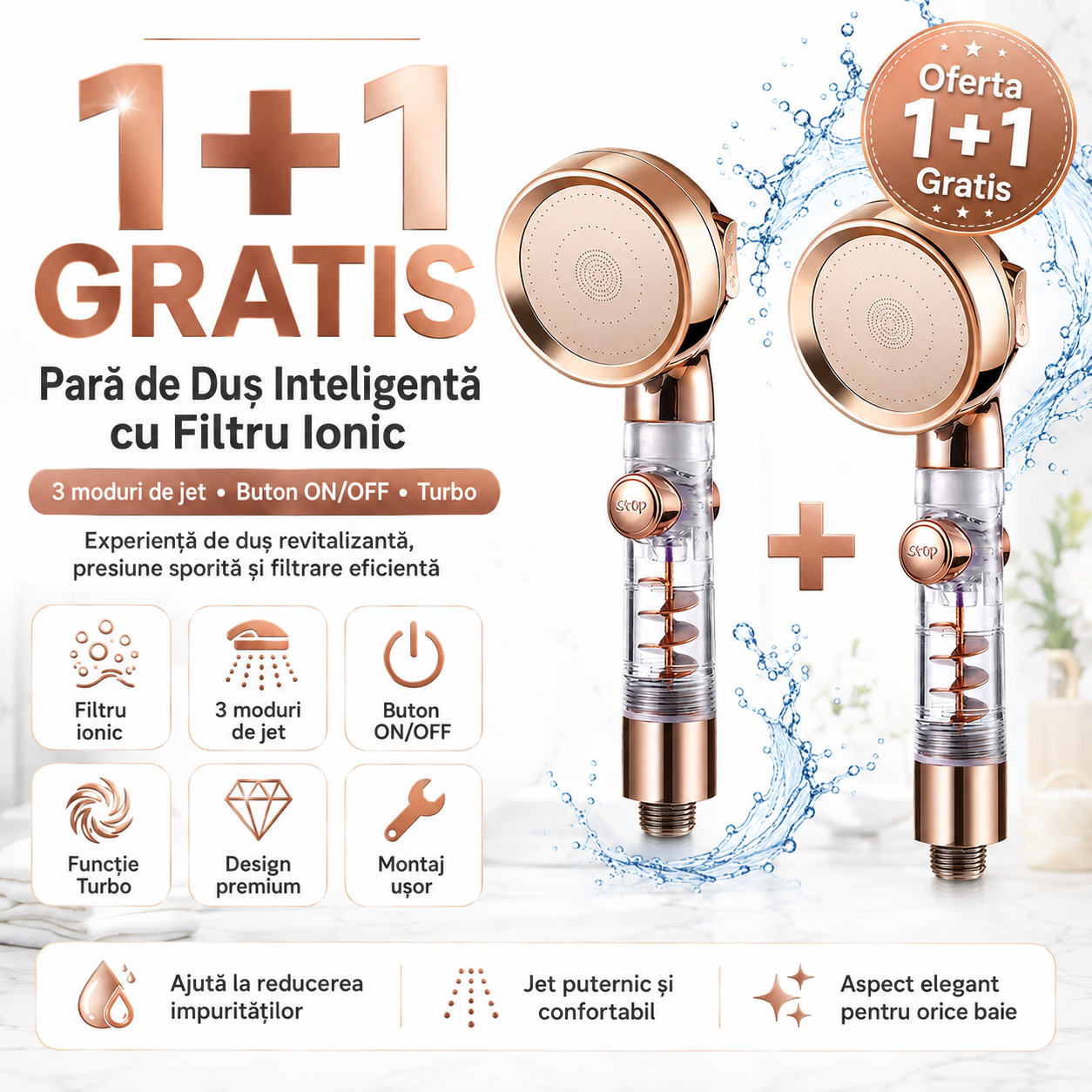 Oferta 1+1 Gratis Para de Dus Inteligenta – Filtru Ionic, Functie Turbo si Economie de Apa
