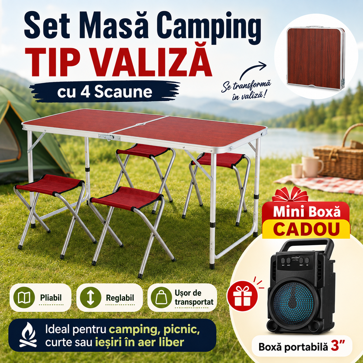Set Masa Camping cu 4 Scaune – Pliabil, Reglabil, Usor de Transportat + Mini Boxa Cadou