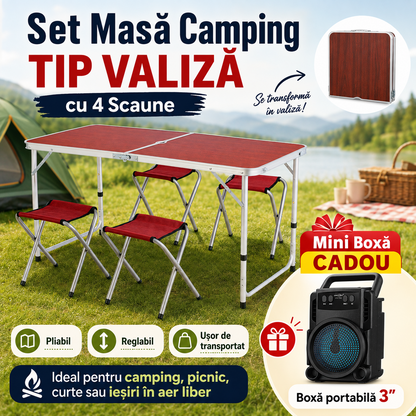 Set Masa Camping cu 4 Scaune – Pliabil, Reglabil, Usor de Transportat + Mini Boxa Cadou