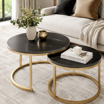 Set 2 Masute Rotunde de Cafea, Efect Marmura, Blat MDF, Cadru Metalic Auriu, 70x45 cm si 50x38 cm